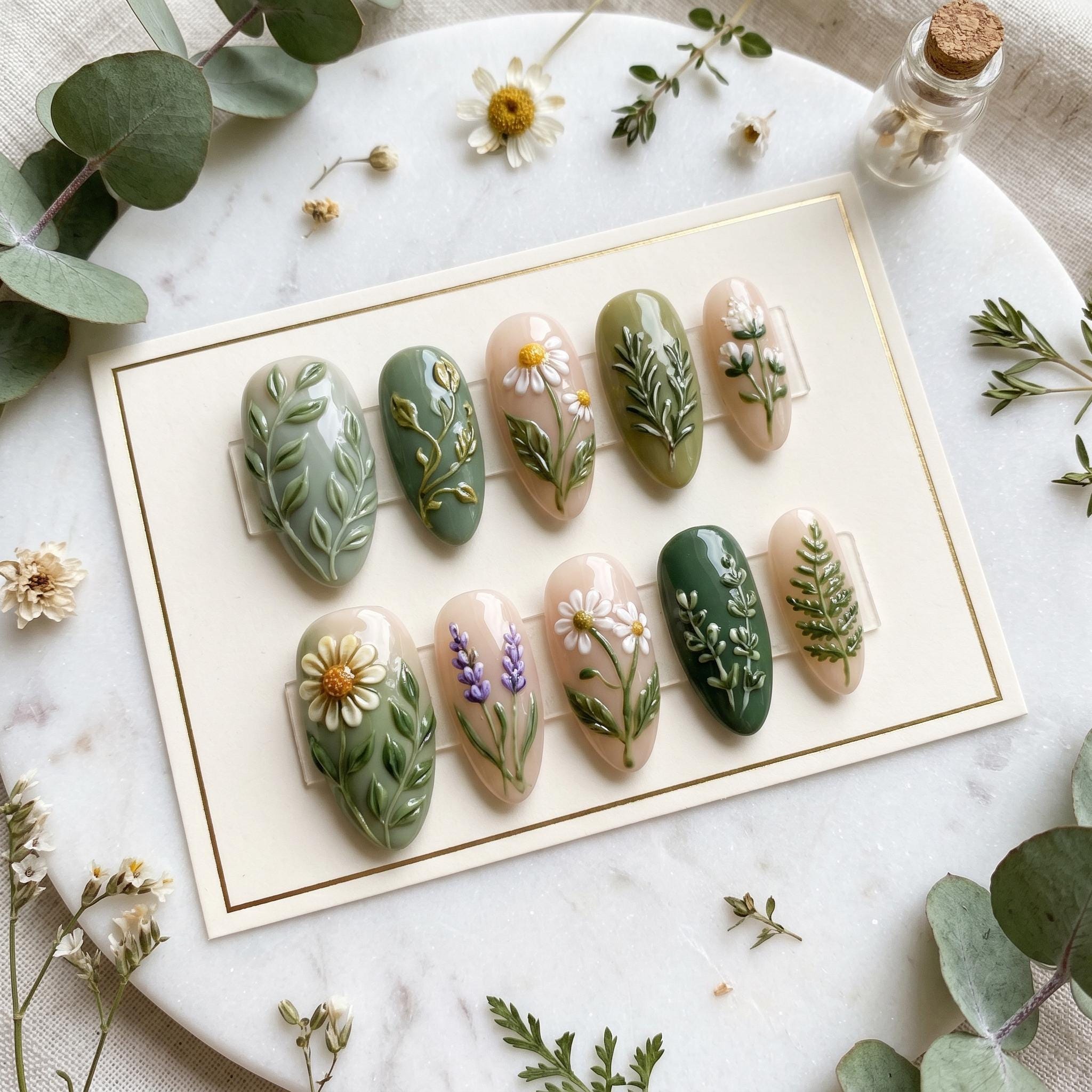 3D Embossed Botanical Press On Nails | Hand Painted Wildflower & Daisy Nails | Sage Green Textured Floral False Nails | 