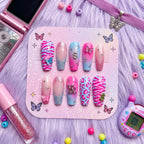Y2K Aesthetic Press On Nails | Pink & Blue Airbrush Gradient False Nails | 2000s McBling Nails with Butterfly And Dollar