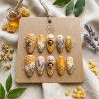3D Honey Bee Press On Nails | Dripping Honey & Honeycomb Nail Art | Hand Painted Lavender And Daisy Floral Nails |Reusab