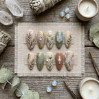 Ethereal Botanical Press On Nails | Sage Green & Nude Earthy Nails | Gold Leaf And Moonstone Aesthetic False Nails | Cus