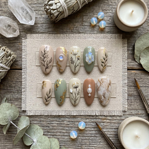Ethereal Botanical Press On Nails | Sage Green & Nude Earthy Nails | Gold Leaf And Moonstone Aesthetic False Nails | Cus