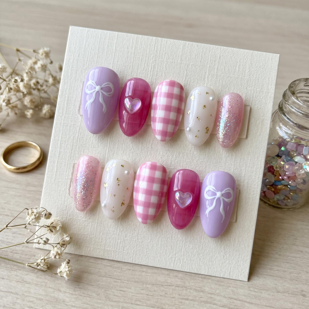 Pink Gingham & Lavender Press On Nails | 3D Jelly Heart And Hand Painted Ribbon Nails | Pastel Picnic Coquette False Nai