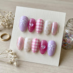 Pink Gingham & Lavender Press On Nails | 3D Jelly Heart And Hand Painted Ribbon Nails | Pastel Picnic Coquette False Nai