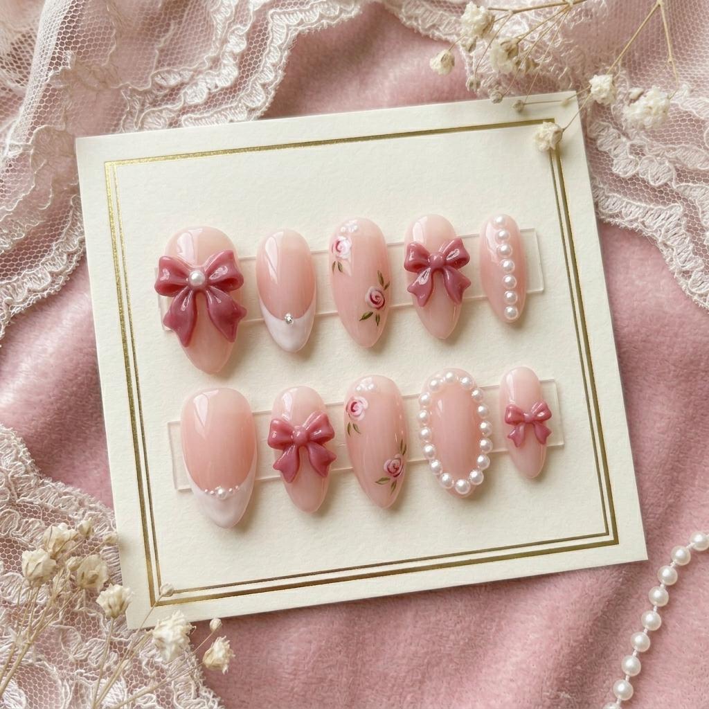 Luxury Dusty Rose Coquette Press On Nails | 3D Ribbon Bow & Pearl Aesthetic False Nails | Hand Painted Vintage Rose Nail