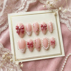 Luxury Dusty Rose Coquette Press On Nails | 3D Ribbon Bow & Pearl Aesthetic False Nails | Hand Painted Vintage Rose Nail