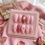 Luxury Pink Coquette Press On Nails | 3D Pearl Heart & Gold Bow False Nails | Hand Painted Cherry Blossom And Butterfly 