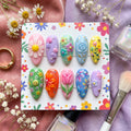 3D Rainbow Flower Press On Nails | Kawaii Smiley Face & Tulip Nails | Vibrant Kidcore Aesthetic Nails | Hand Painted Col