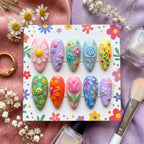 3D Rainbow Flower Press On Nails | Kawaii Smiley Face & Tulip Nails | Vibrant Kidcore Aesthetic Nails | Hand Painted Col