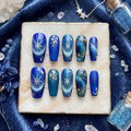 Royal Blue Celestial Cat Eye Press On Nails | Silver Starburst & Galaxy Moon False Nails | Luxury Velvet Shimmer Reusabl