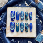 Royal Blue Celestial Cat Eye Press On Nails | Silver Starburst & Galaxy Moon False Nails | Luxury Velvet Shimmer Reusabl
