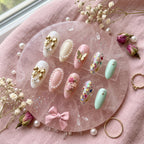 Coquette Press On Nails | 3D Gold Bow & Pearl Aesthetic Nails | Hand Painted Rose And Butterfly Nails | Pink Pastel Reus