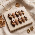 Coffee Cat Eye Press On Nails | Espresso Velvet & Matte Caramel False Nails | Gold Line Art And Crystal Reusable Nails |