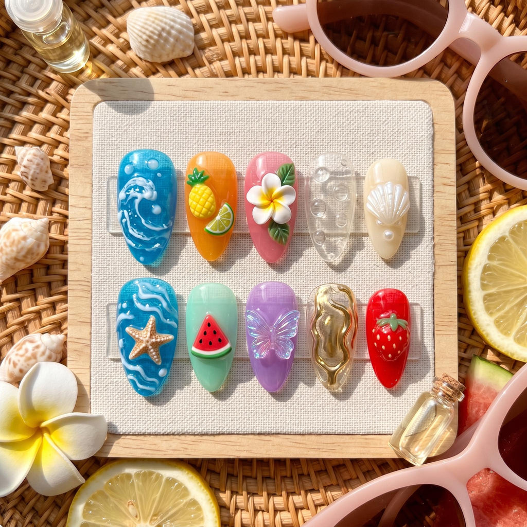 Whimsical Summer Holiday Press On Nails | 3D Shell and Butterfly False Nails | Custom Colorful Tropical Nails | Reusable