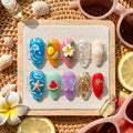 Whimsical Summer Holiday Press On Nails | 3D Shell and Butterfly False Nails | Custom Colorful Tropical Nails | Reusable