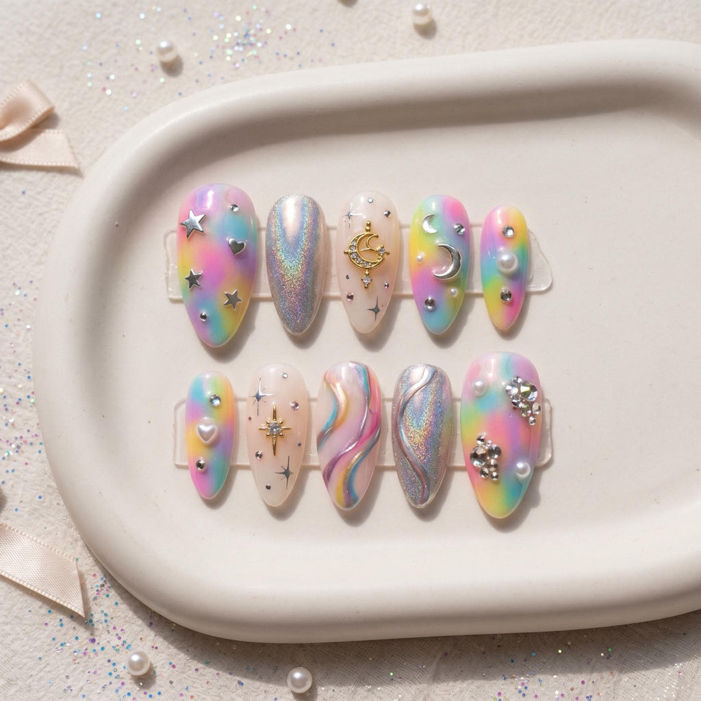 Dreamy Rainbow Galaxy Press On Nails - Holographic Silver & 3D Celestial Charms - Pastel Tie Dye Fake Nails with Moon An
