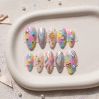 Dreamy Rainbow Galaxy Press On Nails - Holographic Silver & 3D Celestial Charms - Pastel Tie Dye Fake Nails with Moon An
