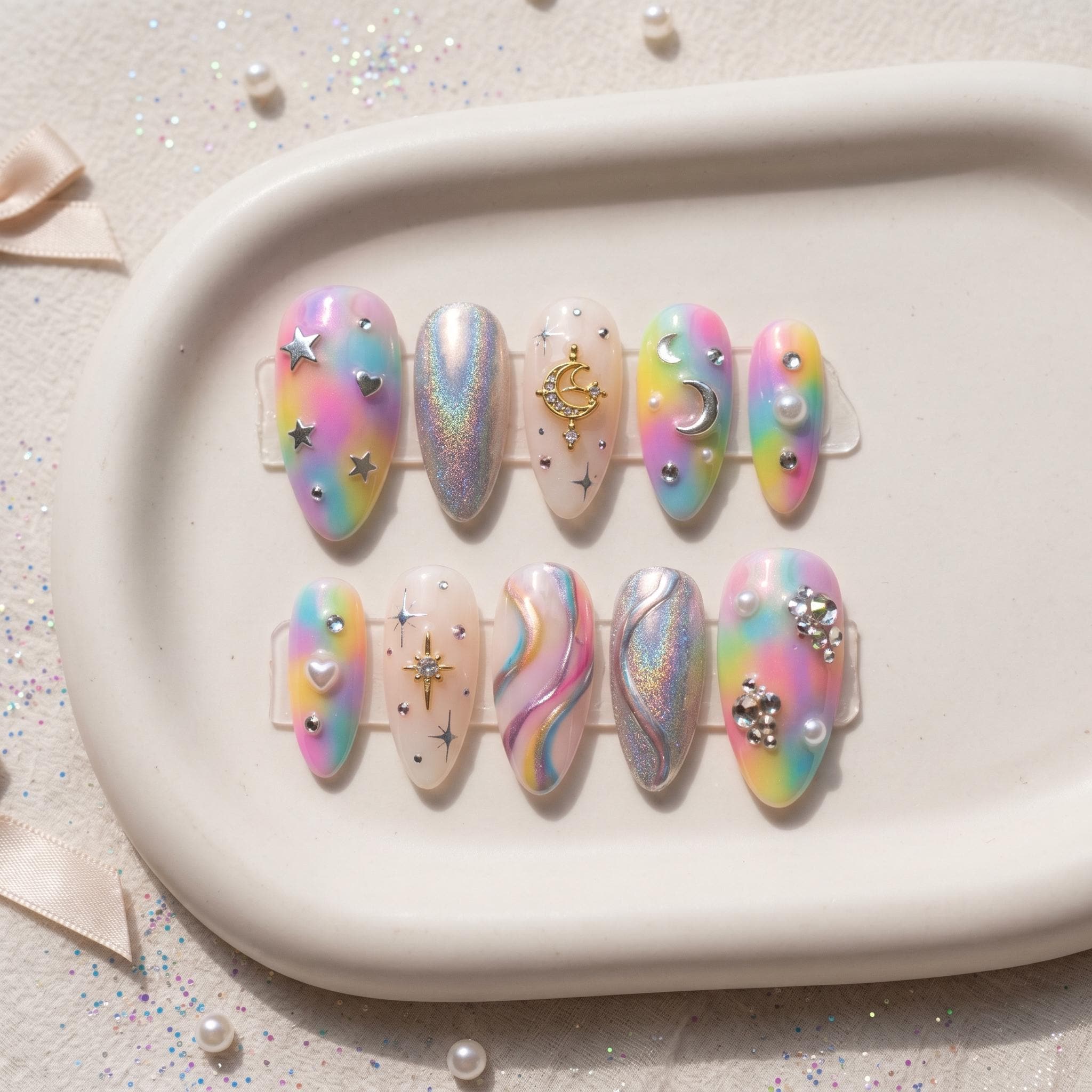 Dreamy Rainbow Galaxy Press On Nails - Holographic Silver & 3D Celestial Charms - Pastel Tie Dye Fake Nails with Moon An