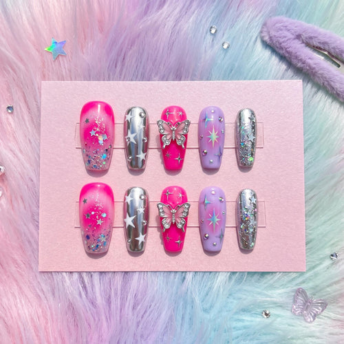 Cyber Pink Press On Nails, Metallic Chrome Fake Nails, Y2K Butterfly Gel Nails, Silver Star Aura Nails, Kawaii Purple Fa