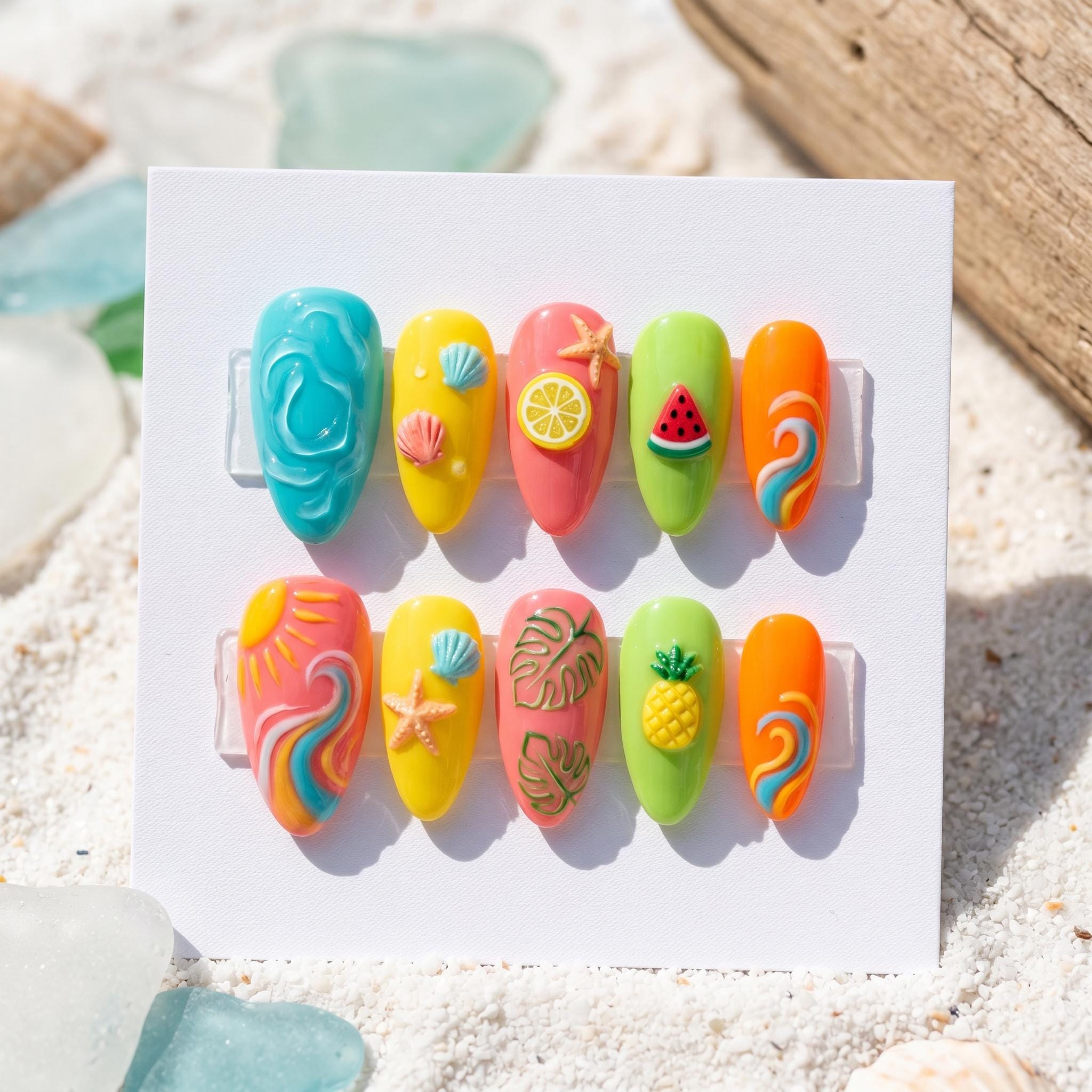 ummer Vacation Press On Nails, 3D Shell Fake Nails, Pineapple Fruit Gel Nails, Ocean Beach Wave Nails, Retro Swirl Sun N