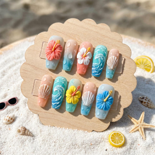 Beach Press On Nails, Tropical Vacation Nails, 3D Hibiscus Flower Nails, Seashell Gel Nails, Crashing Wave False Nails, 