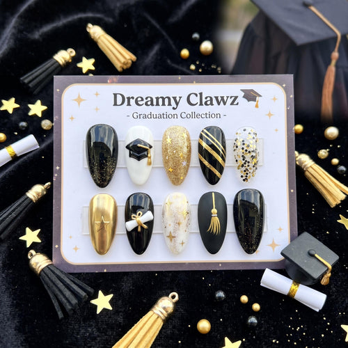 Black Press On Nails, Graduation Cap Fake Nails, Luxury Gold Gel Nails, 3D Tassel False Nails, Class of 2026 Nails, Cute