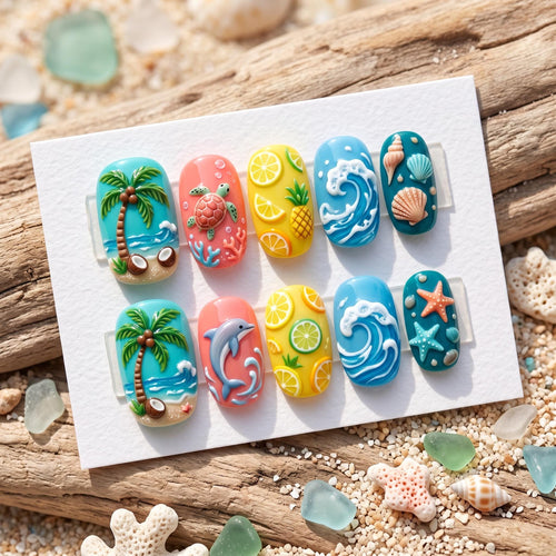 Beach Press On Nails, Tropical Vacation Nails, 3D Sea Turtle Nails, Dolphin Gel Nails, Crashing Wave False Nails, Cute S