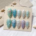 Jellyfish Press On Nails, 3D Sea Bubble Nails, Cute Ocean Beach Fake Nails, Iridescent Aurora Nails, Clear Blue Gel Nail