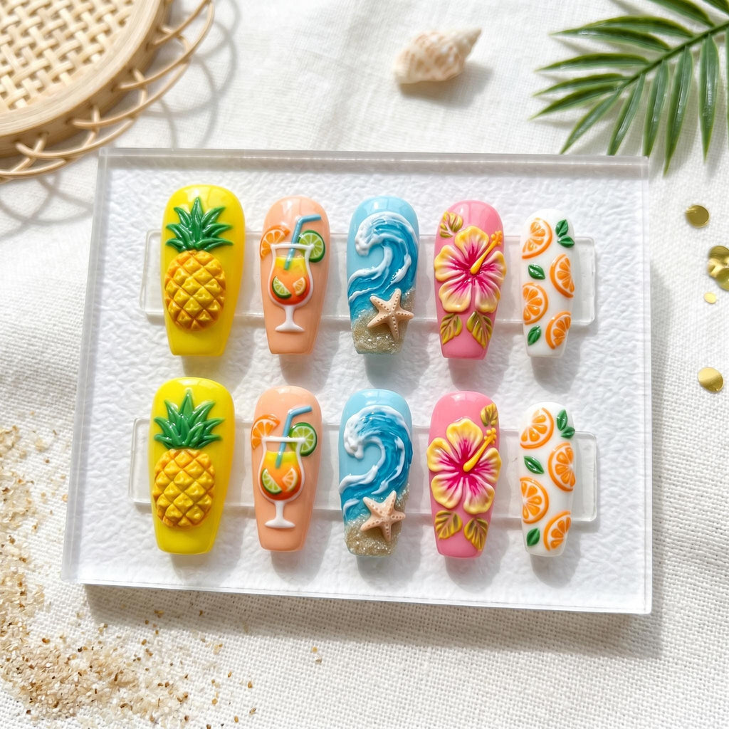 Tropical Press On Nails, Cute Summer Nails, 3D Beach Ocean Nails, Hibiscus Fruit Fake Nails, Handmade Gel Nails, Custom 