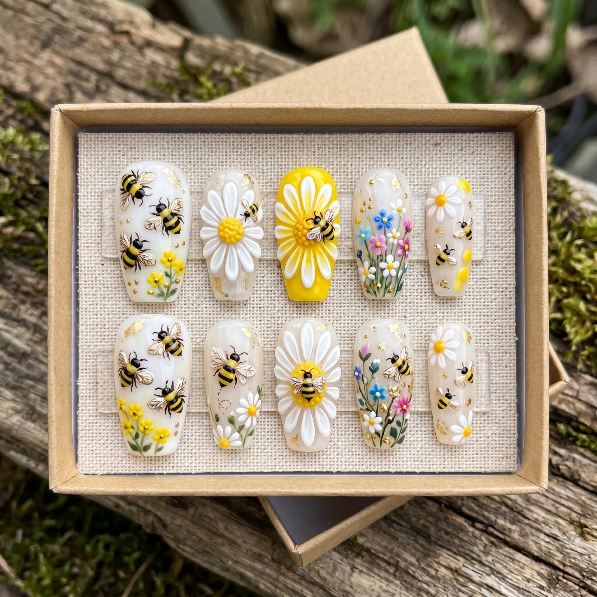 Honeybee Press On Nails, 3D Daisy Flower Nails, Cute Yellow Fake Nails, Cottagecore Nails, Wildflower Gel Nails, Custom 