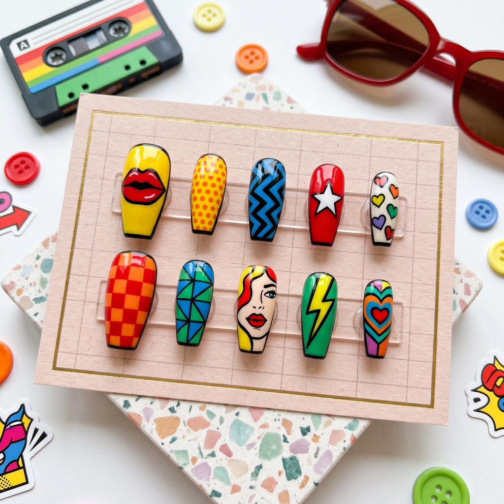 Retro Press On Nails, Pop Art Fake Nails, Comic Woman Acrylic Nails, Bright Checkered Nails, Handmade Press Ons, Aesthet
