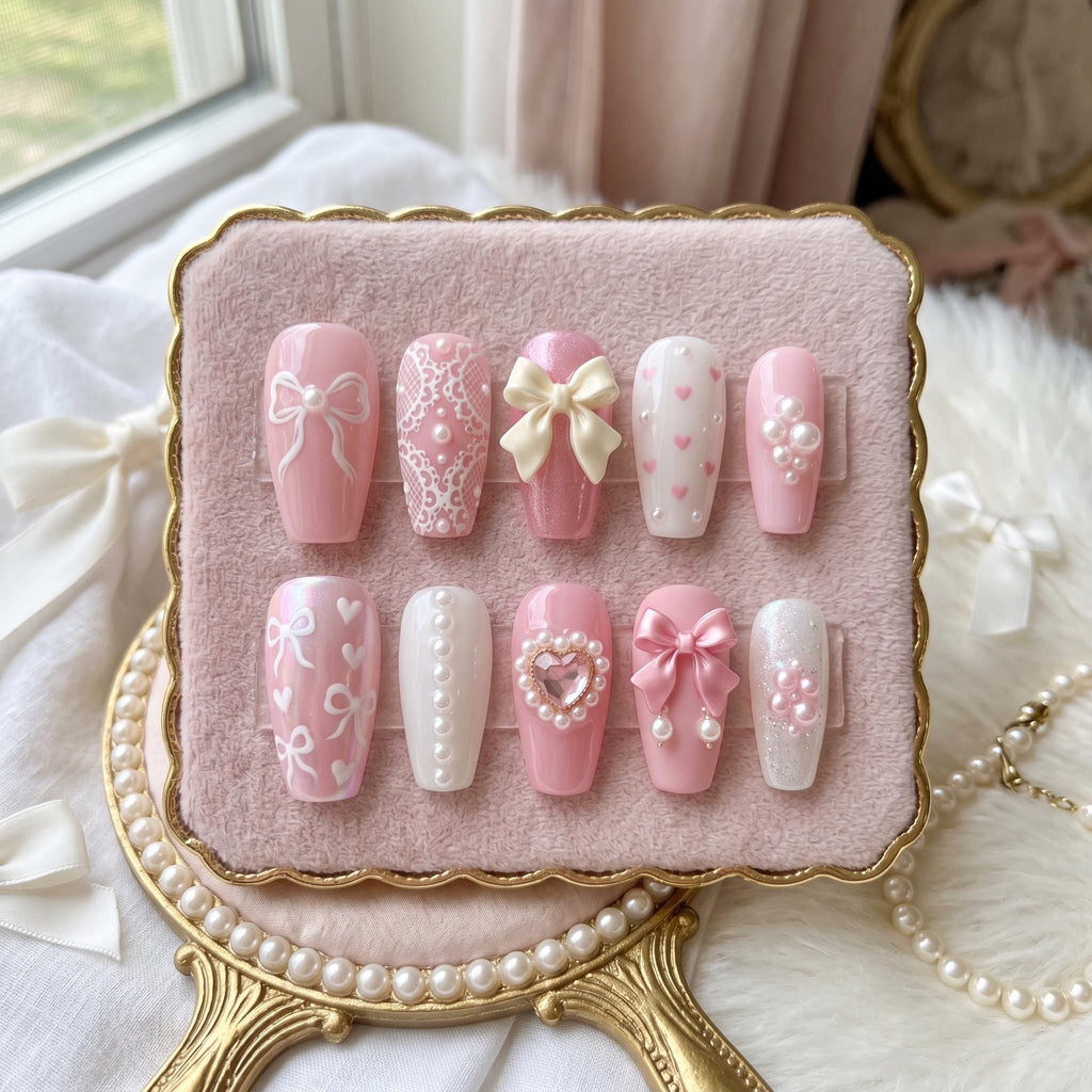 Coquette Nails, Pink Bow Press On Nails, Cute Ribbon Acrylic Nails, Pearl Heart Fake Nails, Handmade Press Ons, Aestheti