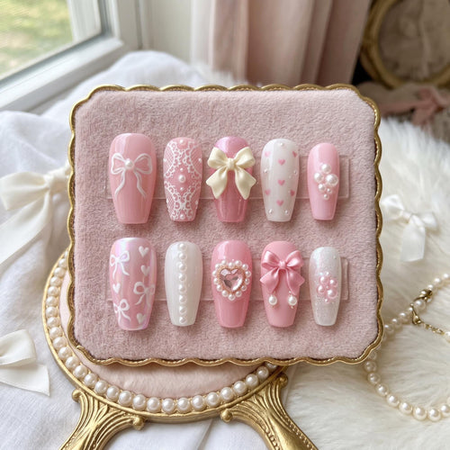 Coquette Nails, Pink Bow Press On Nails, Cute Ribbon Acrylic Nails, Pearl Heart Fake Nails, Handmade Press Ons, Aestheti