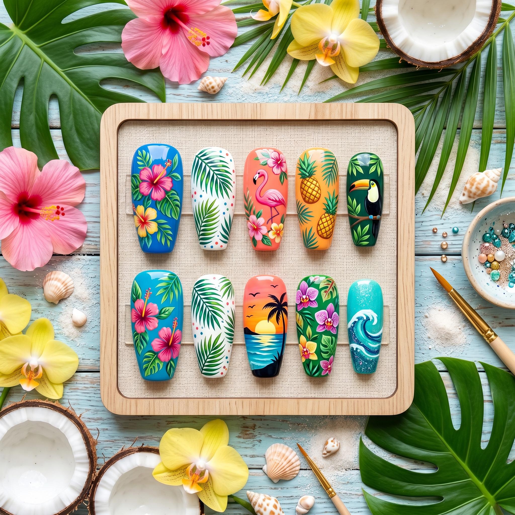 Tropical Press On Nails, Cute Summer Nails, Beach Sunset Fake Nails, Flamingo Toucan Nails, Handmade Gel Nails, Custom F