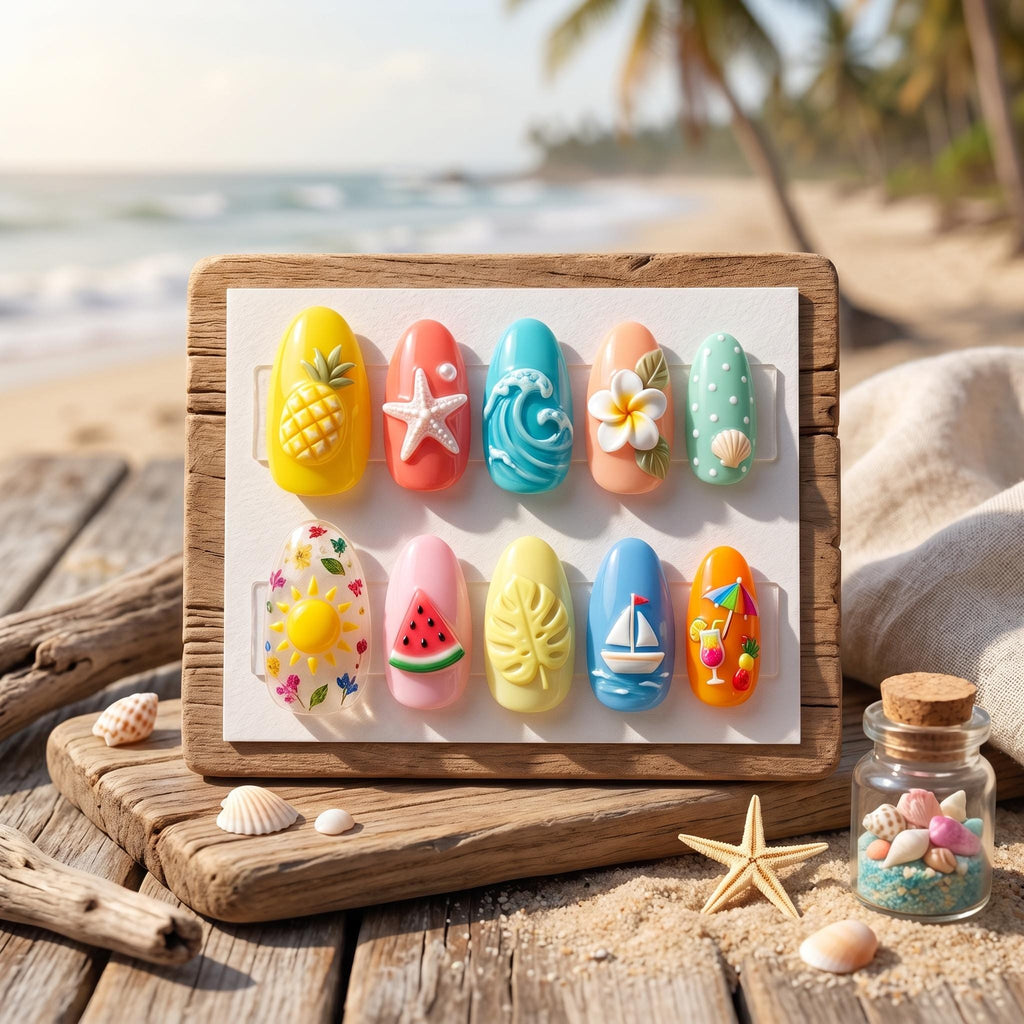 Tropical Beach Press On Nails | 3D Fruit and Flower False Nails | Handmade Starfish Pineapple Nail Art | Cute Summer Vac