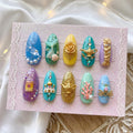 Beautiful Pastel Blue Decor |Customized Fake Nails |  Gorgeous Glitter Teal Coral Design | Stunning Princesscore Gel Tip