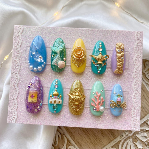 Beautiful Pastel Blue Decor |Customized Fake Nails |  Gorgeous Glitter Teal Coral Design | Stunning Princesscore Gel Tip