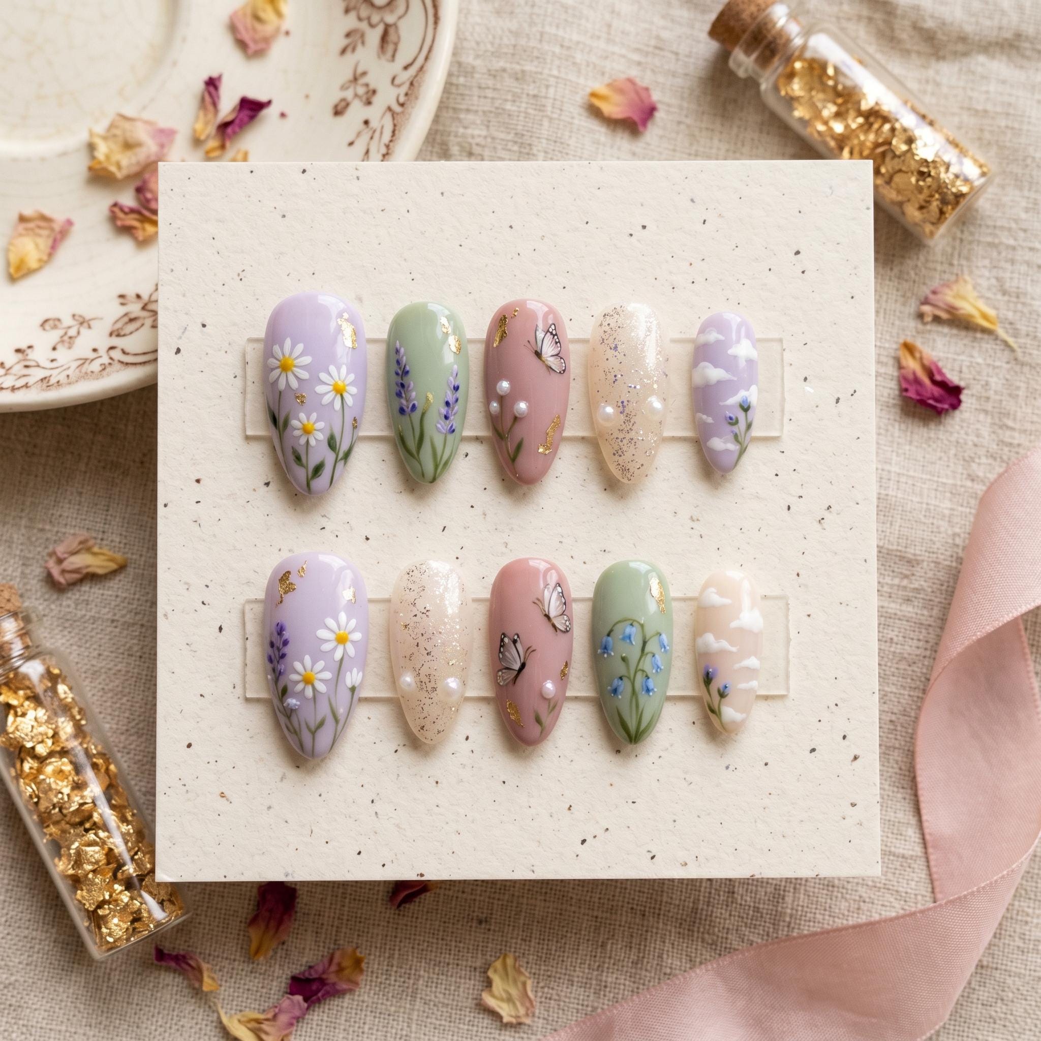 Cottagecore Press On Nails, Handpainted Floral Fake Nails, Cute Daisy Lavender Nails, Whimsical Butterfly Nails, Luxury 