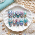 Mermaid Press On Nails, 3D Sea Shell Nails, Ocean Beach Fake Nails, Iridescent Scale Nails, Pearl Gel Nails, Custom Nail