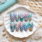 Mermaid Press On Nails, 3D Sea Shell Nails, Ocean Beach Fake Nails, Iridescent Scale Nails, Pearl Gel Nails, Custom Nail