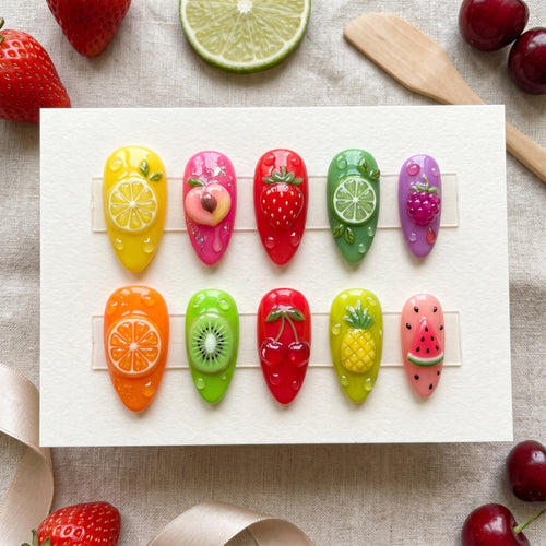 Cute Summer Nails, Press On Nails, 3D Citrus Acrylic Nails, Multi Fruit Fake Nails, Handmade Press Ons, Aesthetic Nails