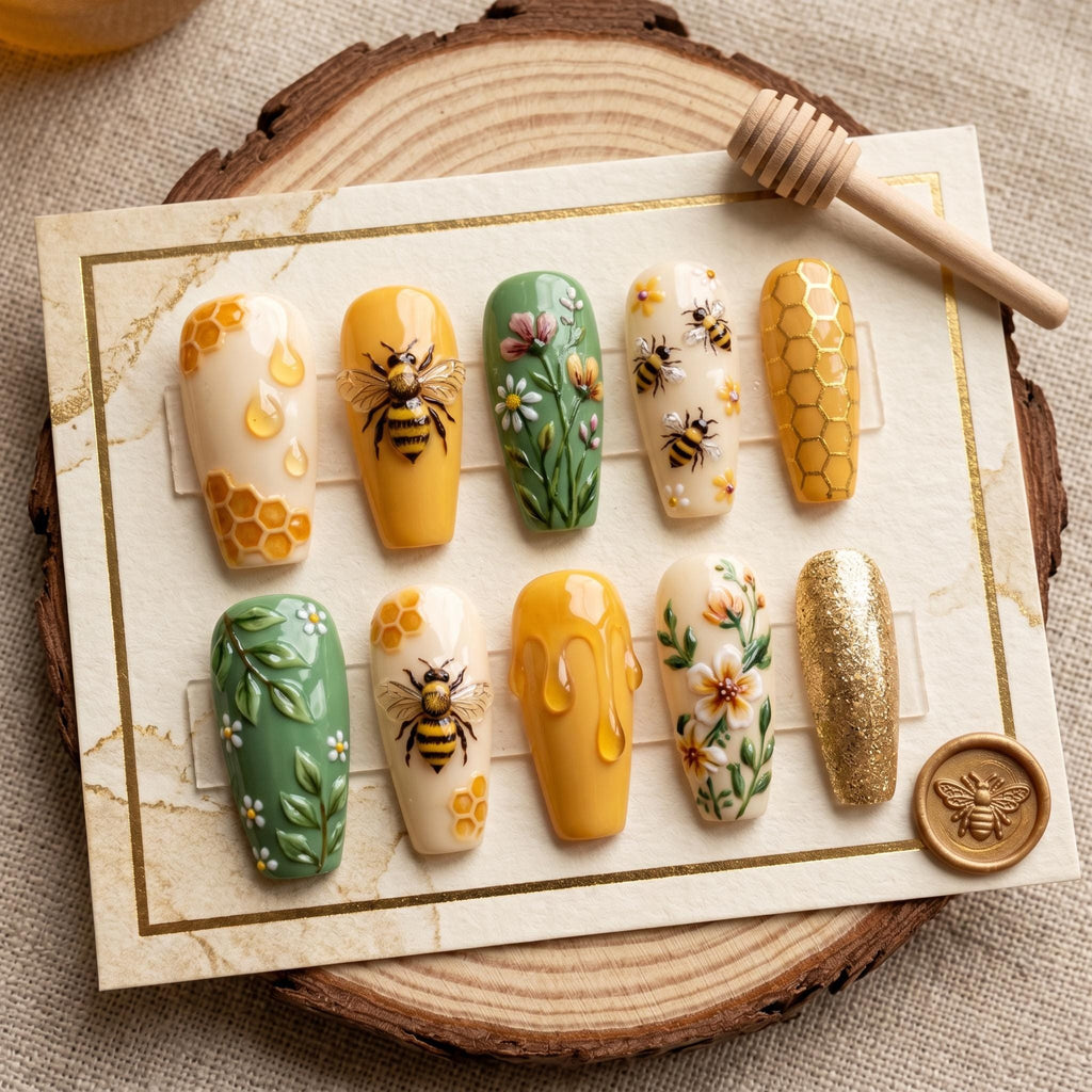 Press On Nails Flower, Cute Honeybee Nails, 3D Garden Fake Nails, Honey Drip Gel Nails, Handmade Nails, Custom Nails, Wh