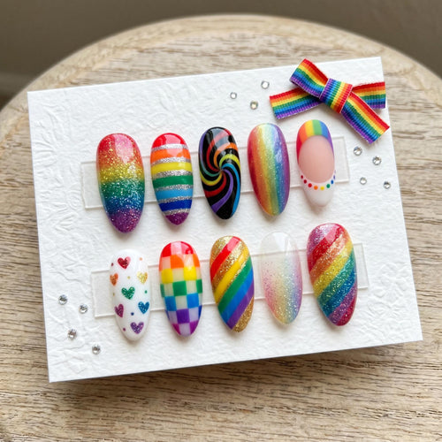 Custom Colorful Faux Nails, Cute Holographic Reusable Acrylics, Rainbow Press On Nails, Vibrant Pride Month False Nail S