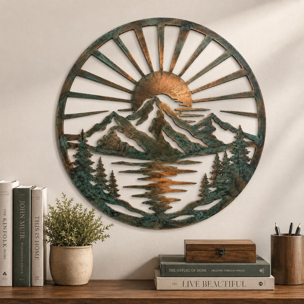 Round Metal Wall Art, Mountain Lake Sunrise Decor, Pine Tree Landscape Sign