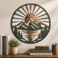 Round Metal Wall Art, Mountain Lake Sunrise Decor, Pine Tree Landscape Sign