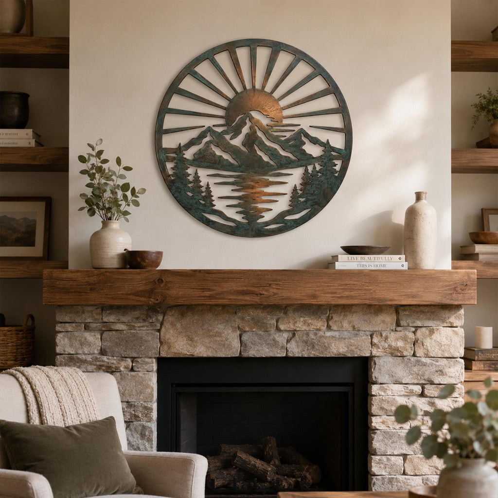 Round Metal Wall Art, Mountain Lake Sunrise Decor, Pine Tree Landscape Sign