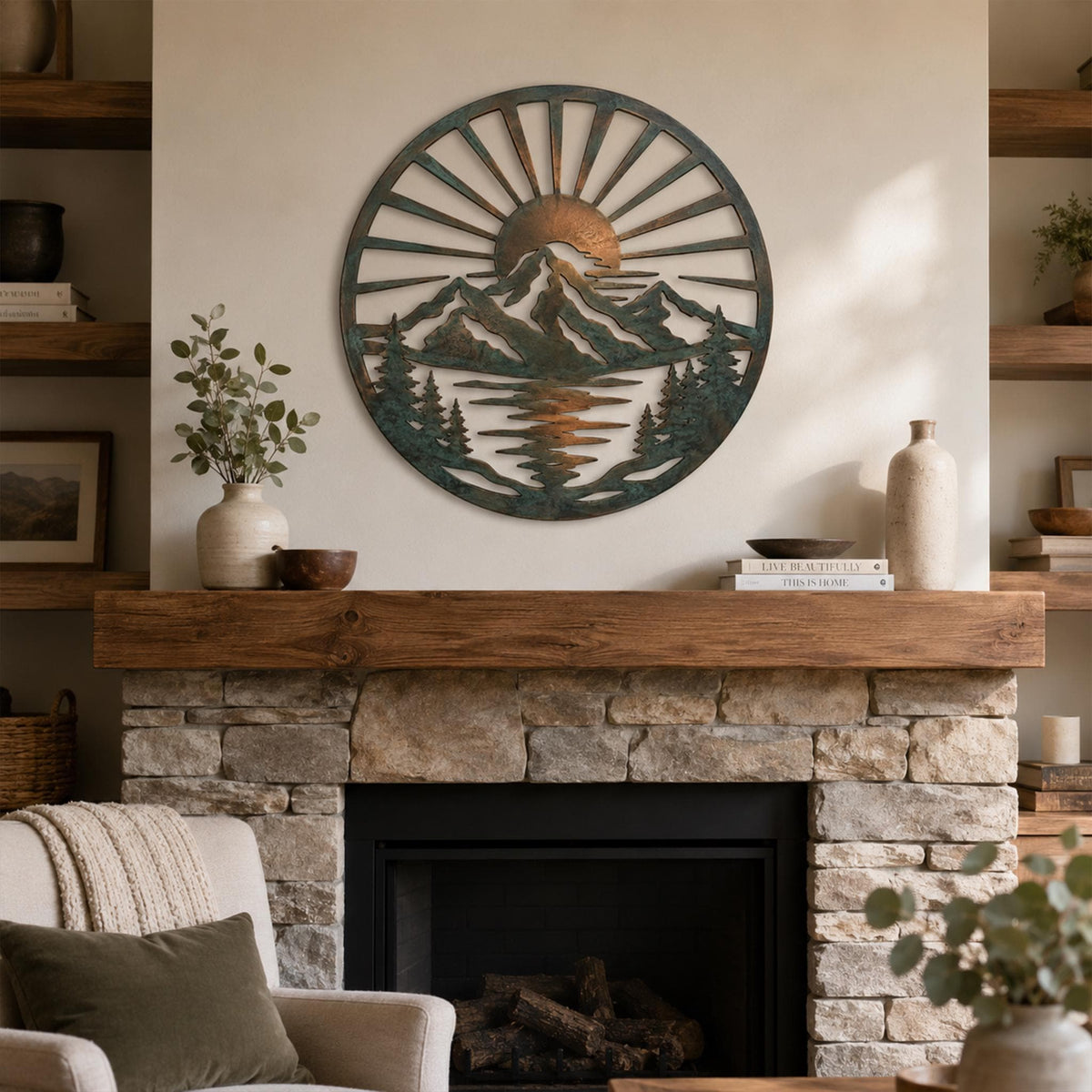 Round Metal Wall Art, Mountain Lake Sunrise Decor, Pine Tree Landscape Sign