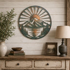 Round Metal Wall Art, Mountain Lake Sunrise Decor, Pine Tree Landscape Sign