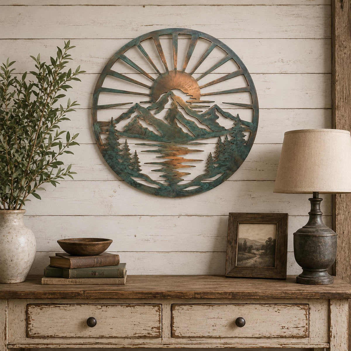 Round Metal Wall Art, Mountain Lake Sunrise Decor, Pine Tree Landscape Sign