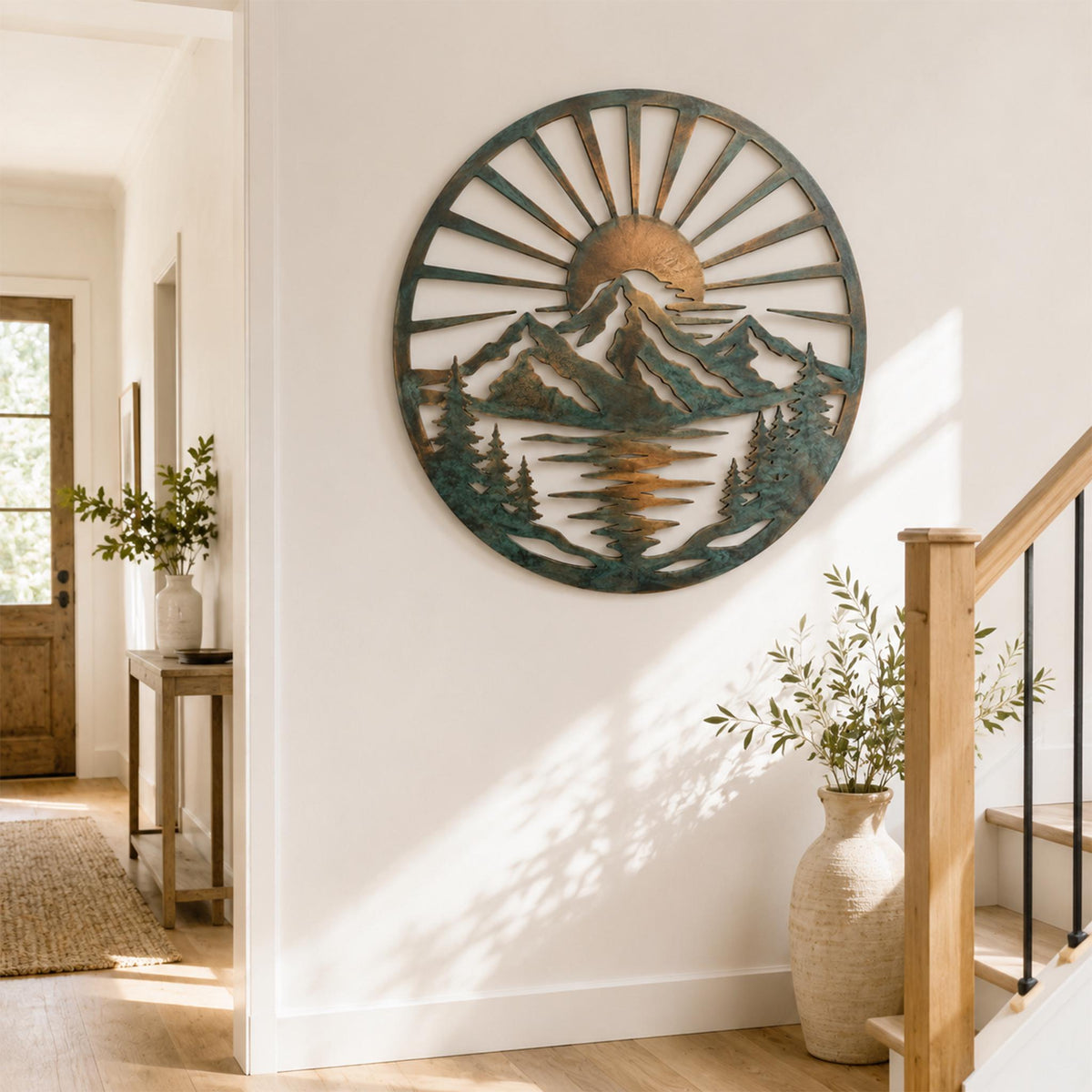 Round Metal Wall Art, Mountain Lake Sunrise Decor, Pine Tree Landscape Sign