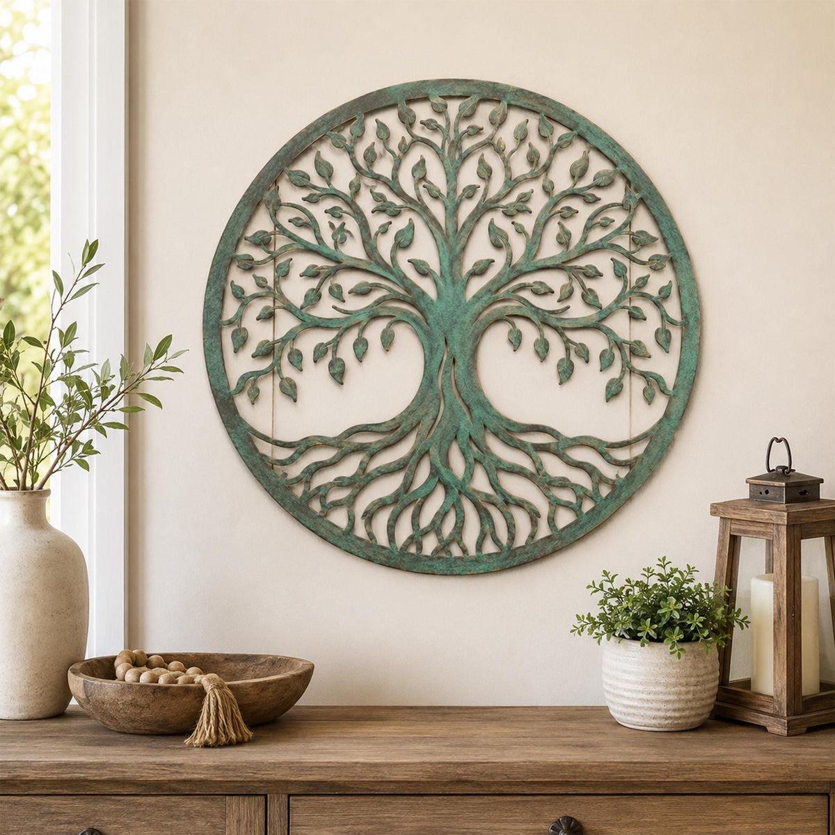 Tree of Life Metal Wall Art, Distressed Teal Circular Decor, Nature Inspired Steel Sign